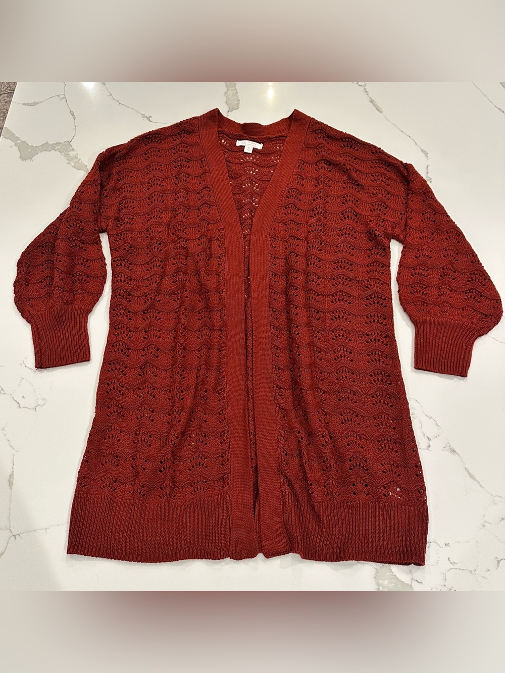 LC Lauren Conrad Womens S Open Front Knit Cardigan Sweater Rust Orange Pointelle